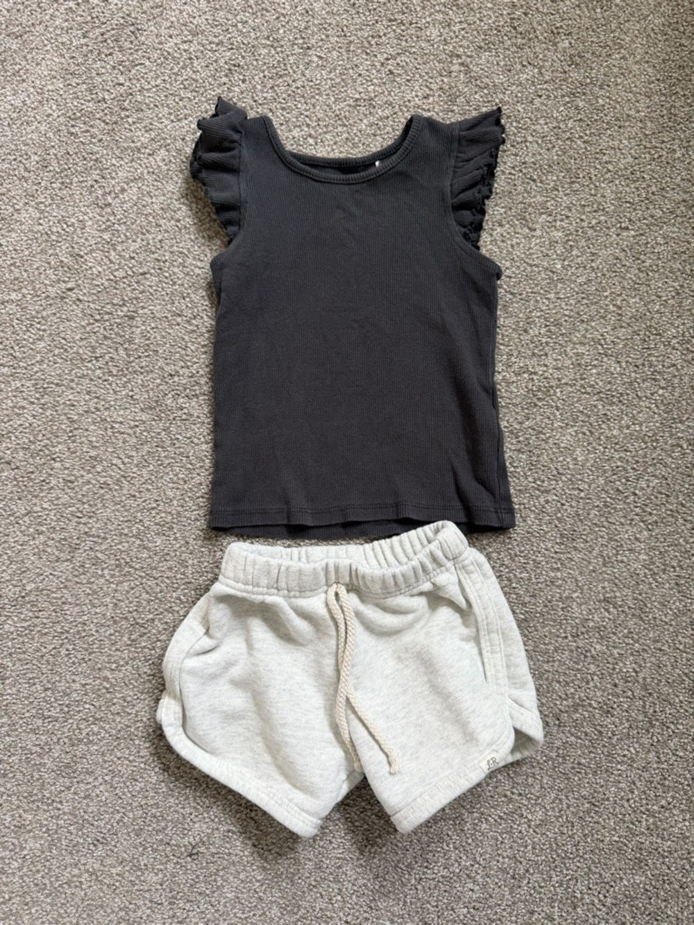 CottonOn Black Ruffled Sleeve Tee + Little Road Co Light Gray Shorts Outfit